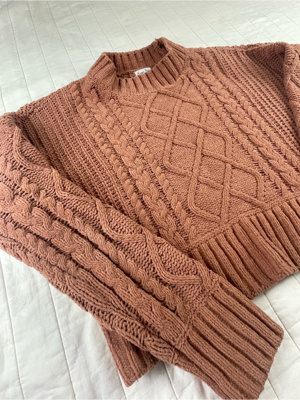 Hippie Rose Cable Knit Crewneck Cropped Sweater in Terracotta- oversized small - Picture 3 of 7